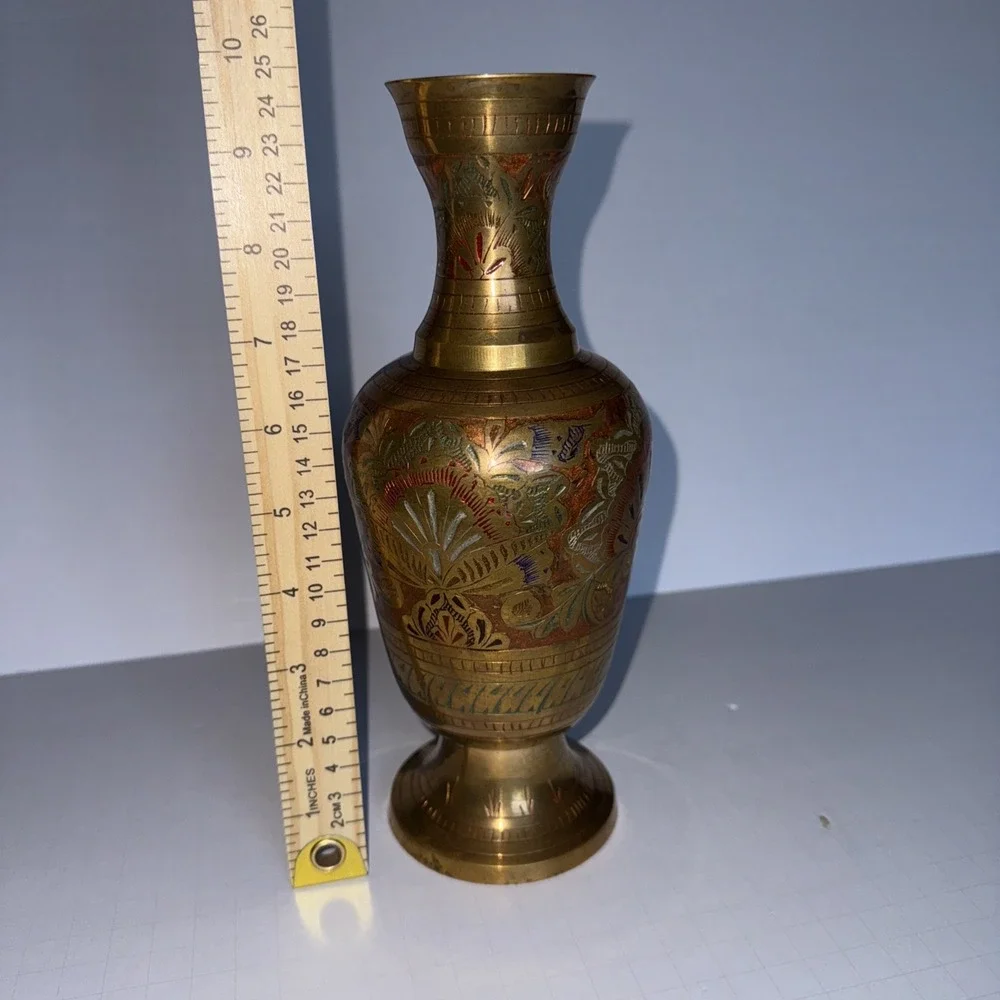 VTG Penco Industries Brass Etched Enamel Bud Vase India Gold Floral 9.5